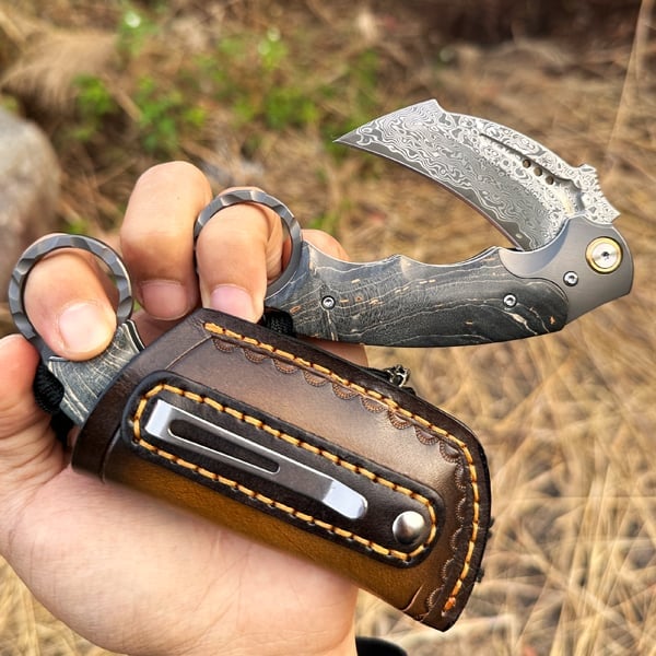 Handmade Damascus steel Folding Pocket EDC Knife-with cowhide sheath And pocket clip