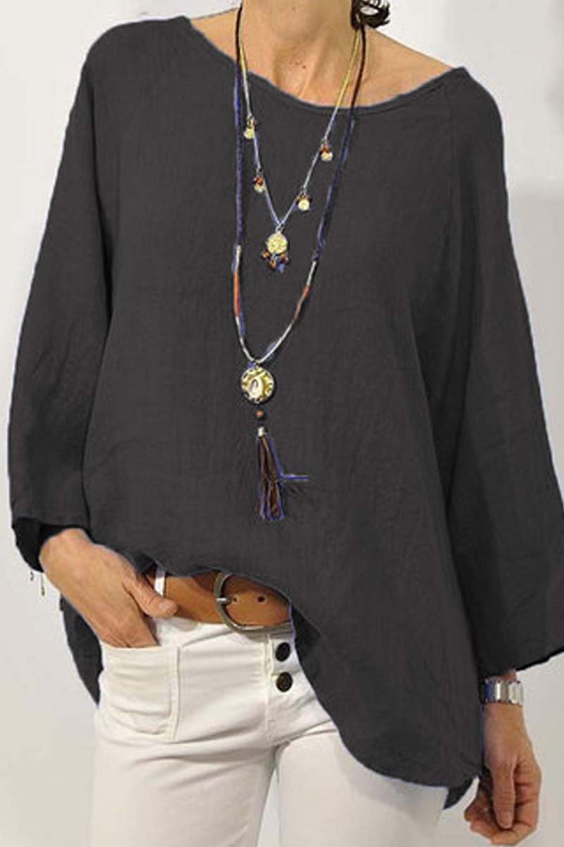 Women's solid color cotton and linen round neck nine-quarter sleeve top
