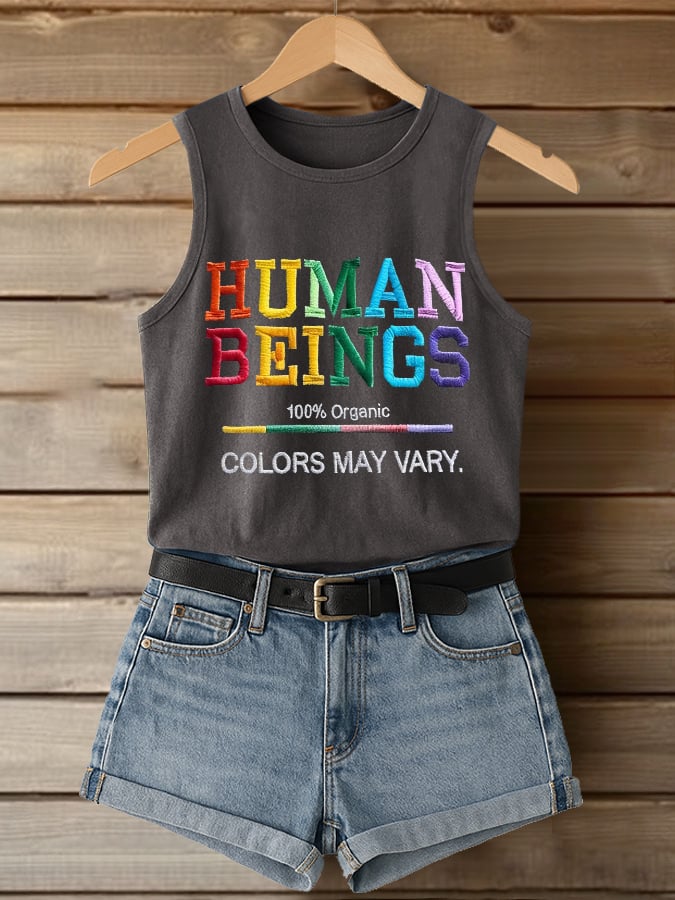 Retro Human Beings 100% Organic Colors May Vary Human Rights Equality Pride Print Tops Tank