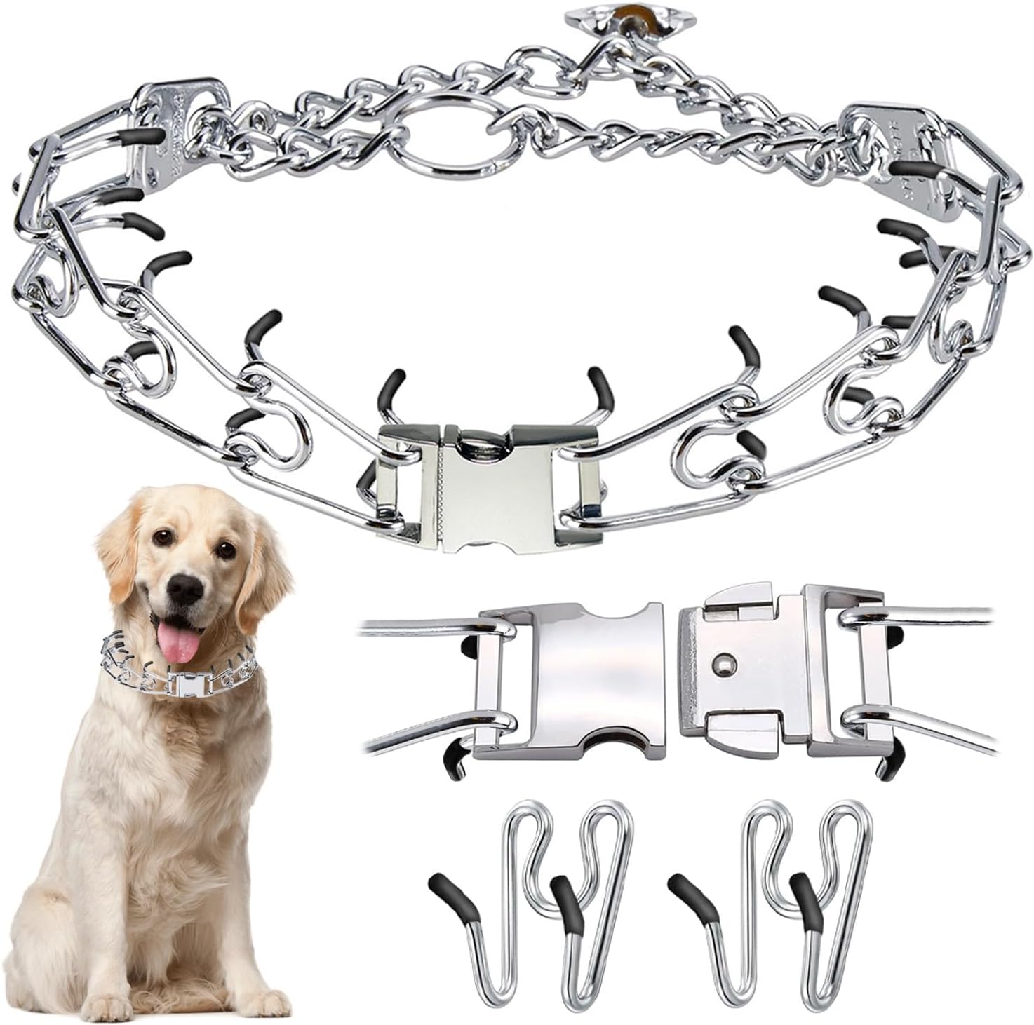 No Pull Dog Collar - Dog Training Collar with Comfort Tips, Adjustable Quick-Release Metal Buckle Pinch Collar,Dog Walking Tool for Small, Medium, or Large Breed - Metal Dog Chain