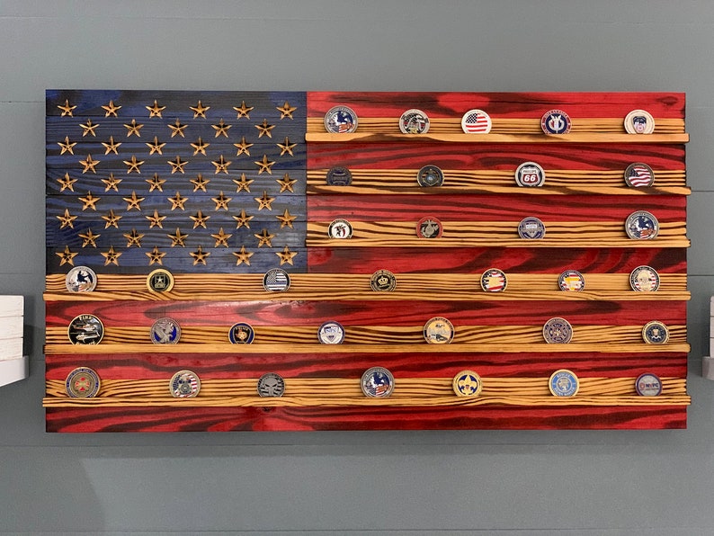 🔥Rustic American Flag Challenge Coin Display Shelf, Wooden Flag- Buy 2 Get Extra 10% Off