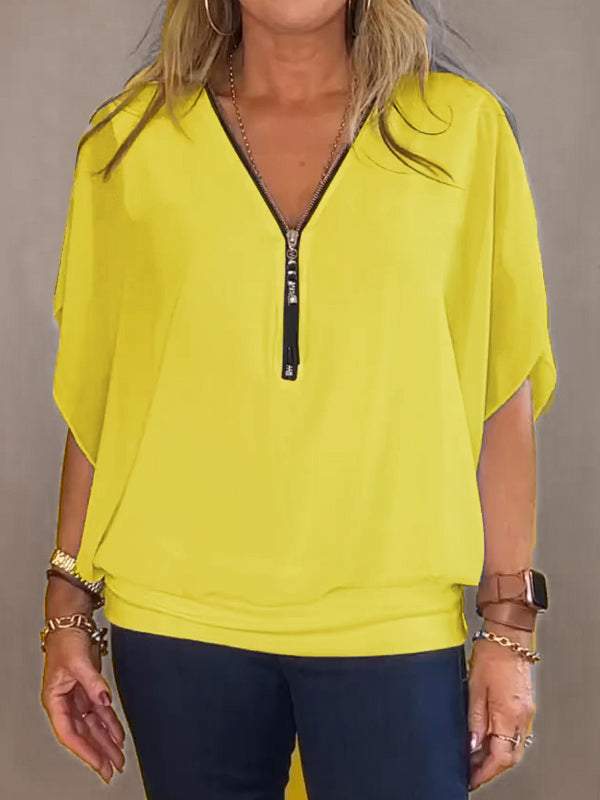 Women Chiffon Half-zip Short-sleeved Casual Shirt & Top