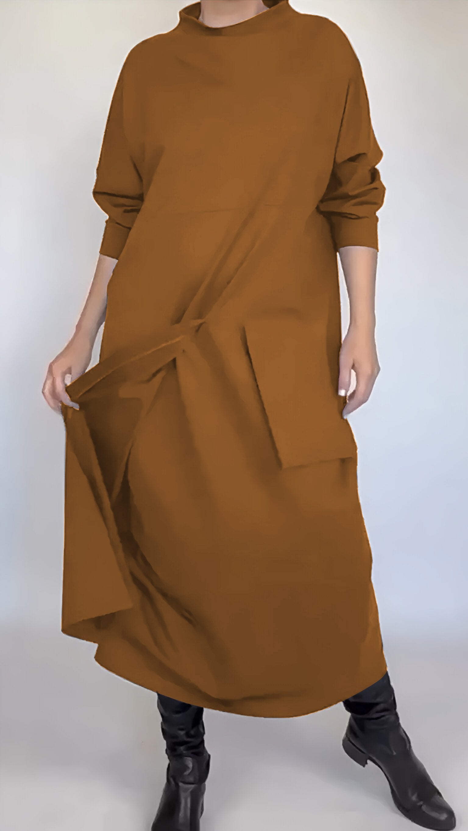 Women's Crew-neck One-pocket Long Sleeve Dress