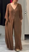 Women's V-neck Fake Two-piece Cotton and Linen Comfortable Jumpsuit