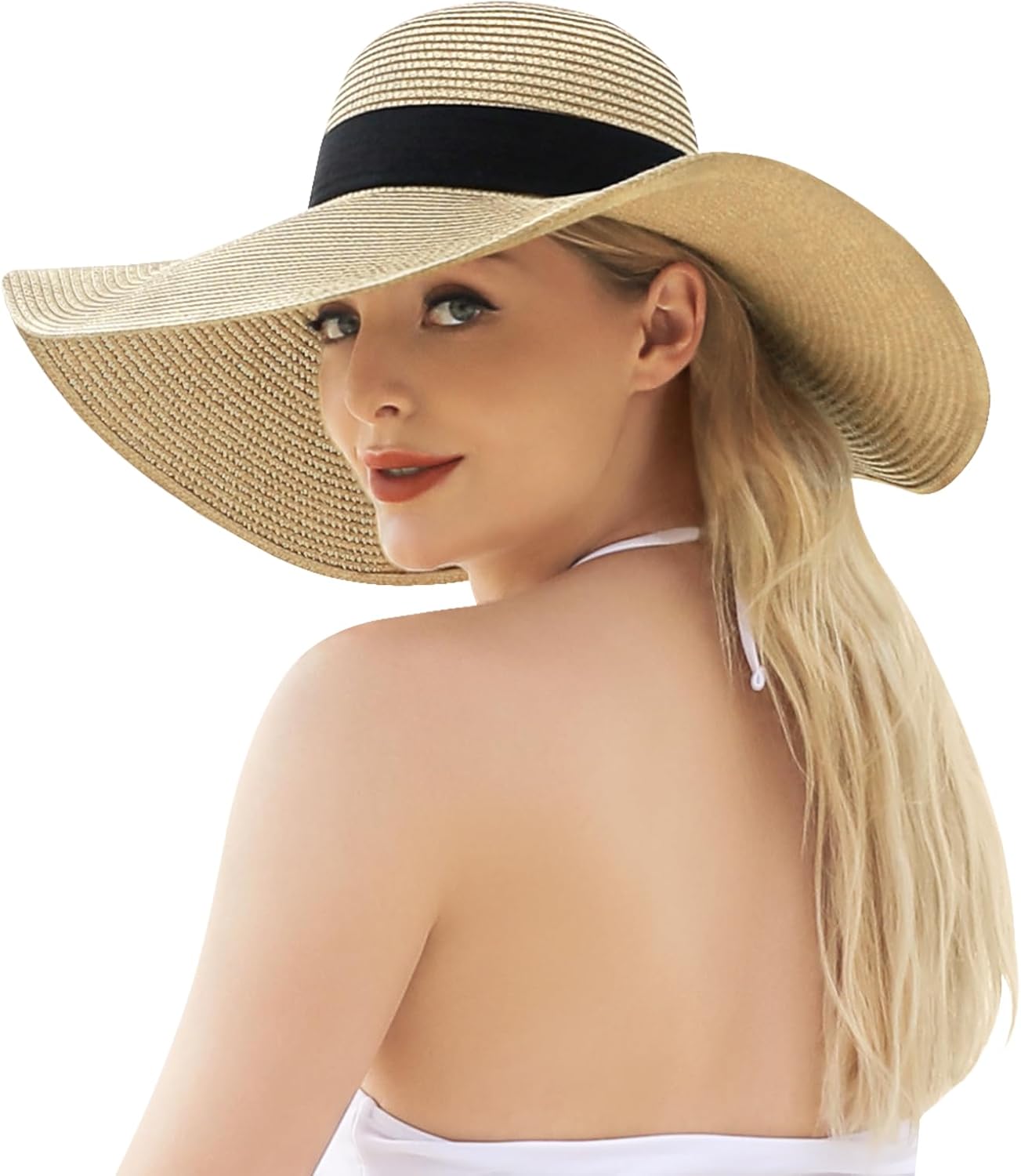 Beach Hat for Women, Wide Brim Sun Straw Hat for Women, Sun Hat Womens UPF 50+ UV Protection, Floppy Foldable Summer Hat