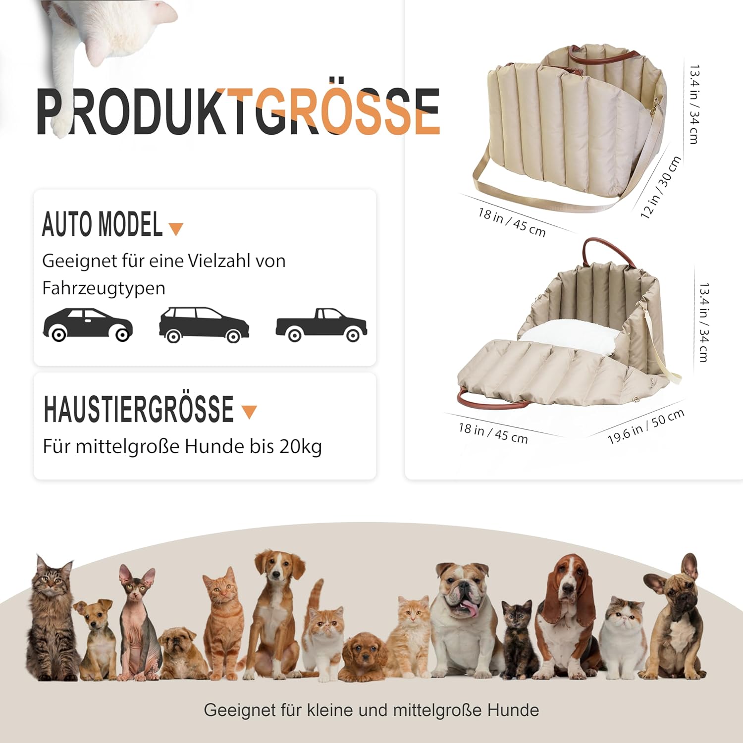 VERCART Hunde Autositz für Kleine Hunde unter 18 kg 2 in 1 Hundeautositz Stabiler Hunde Sitzerhöhung mit Sicherheitsgurten für Haustiere Beige