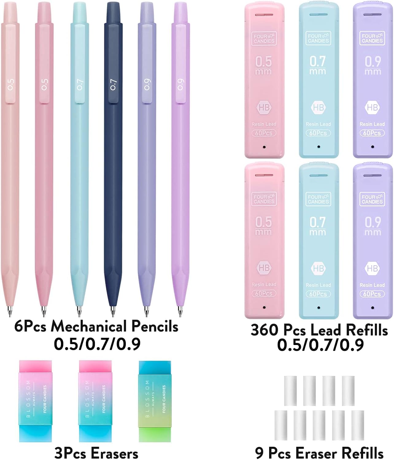 Four Candies Cute Mechanical Pencil Set, 6PCS Pastel Mechanical Pencils 0.5 & 0.7mm with 360PCS HB Pencil Leads, 3PCS Erasers and 9PCS Eraser Refills, Aesthetic Mechanical Pencils for Girls Writing