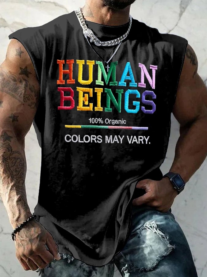 Retro Human Beings 100% Organic Colors May Vary Human Rights Equality Pride Print Tops Tank