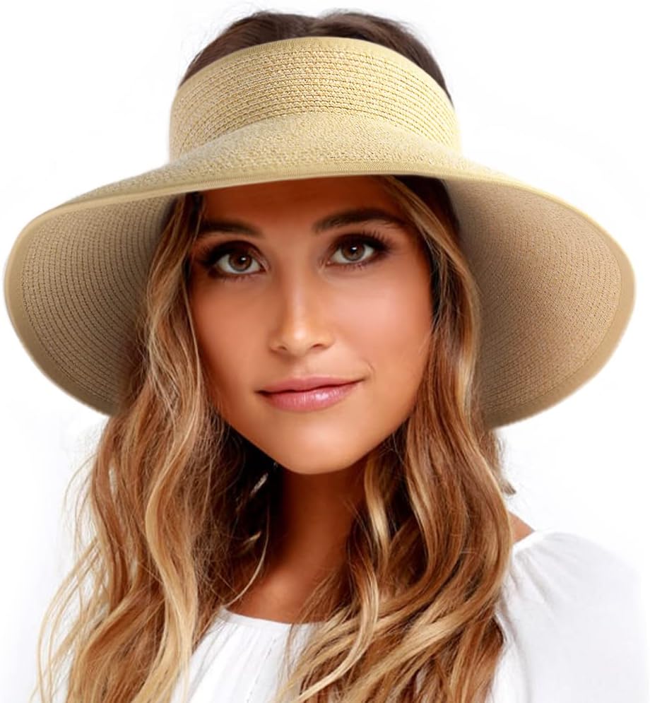 FURTALK Sun Visor Hats for Women Wide Brim Straw Roll-Up Ponytail Summer Beach Hat UV UPF Packable Foldable Travel