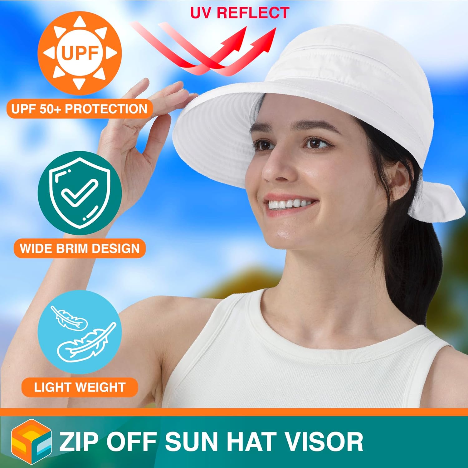 SUN CUBE Women Sun Hat for Outdoor UV Protection, Wide Brim Sun Hat Ponytail, Convertible Zip-Off Beach Hat Visor