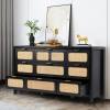 9 Drawer Dresser with Rattan Finish, Modern Farmhouse Chest of Drawers with Metal Handles, Accent Wood Storage Cabinet for Bedroom, Living Room and Kitchen (Natural)