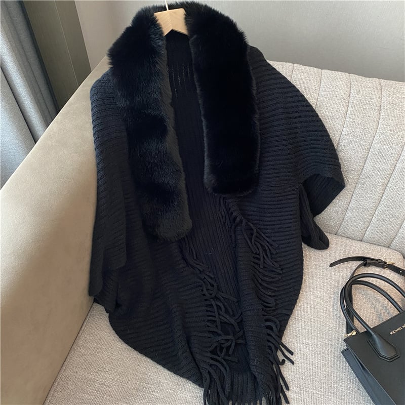 (🌲Early Christmas Sale - 49% OFF) 🔥2024 New Winter Knit Fringe Fur Collar Shawl, BUY 2 FREE SHIPPING