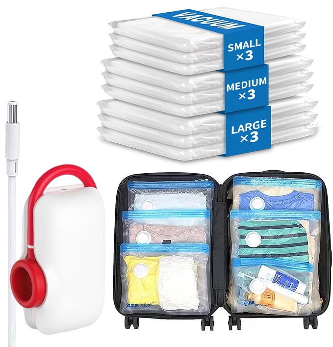 9er-Pack leichte Reisetaschen mit elektrischer Pumpe | Kompakte Vakuum-Aufbewahrungsbeutel für Kleidung | Platzsparende Kompressionsbeutel für unterwegs