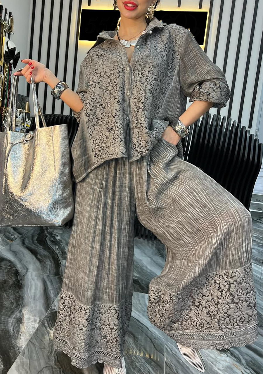 Women's Lapel Lace Stitching Casual Cotton and Linen Suit