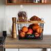 2 Set Stackable Wire Basket with Bamboo Top -Kitchen Counter, Pantry Organization and Storage - Cabinet, Shelf, Countertop Space Saving Organizing - Produce, Fruit, Onion, Potato, Bread Organizer Bin