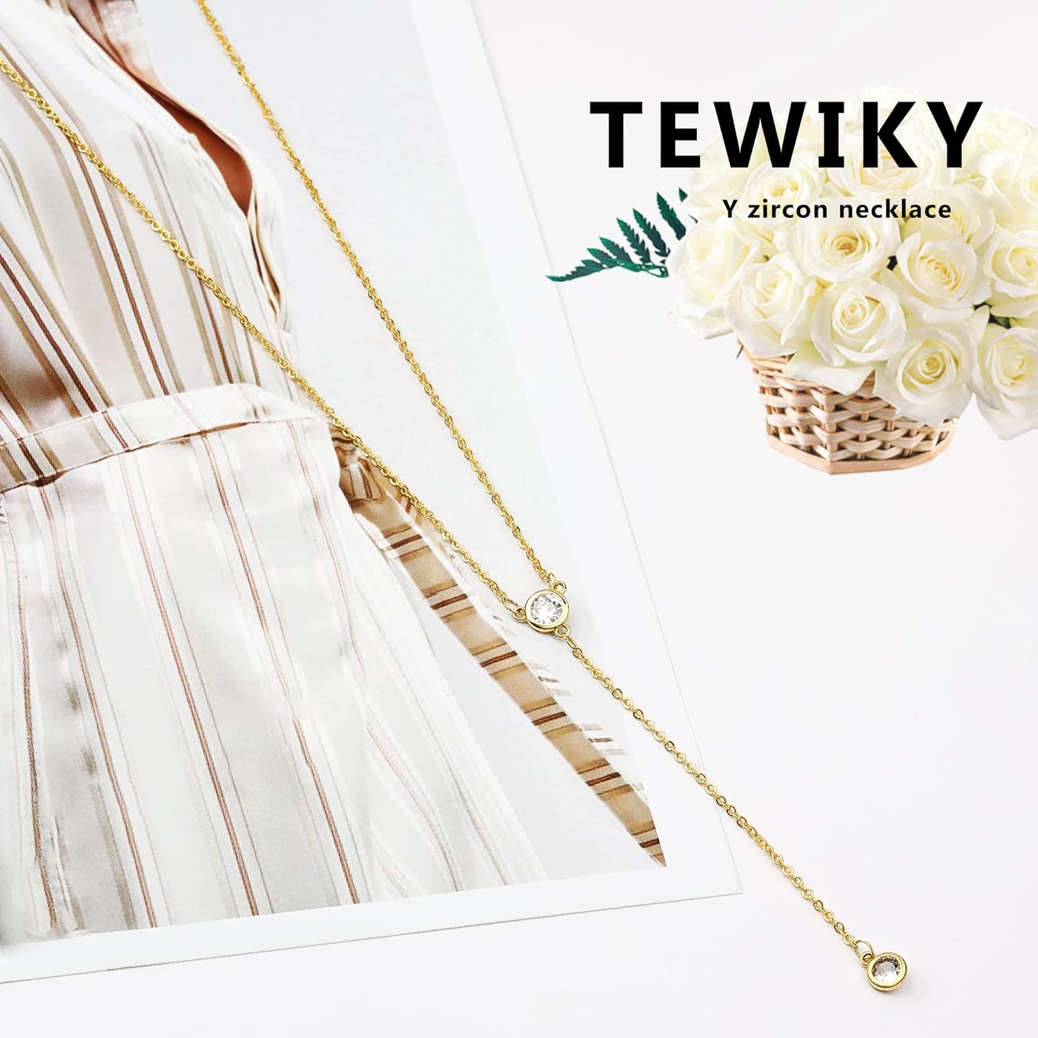 Tewiky Diamond Necklaces for Women, Dainty Gold Necklace 14k Gold Plated Long Lariat Necklace Simple Gold CZ Diamond Choker Necklaces for Women Trendy Gold Necklace Jewelry Gifts for Girls