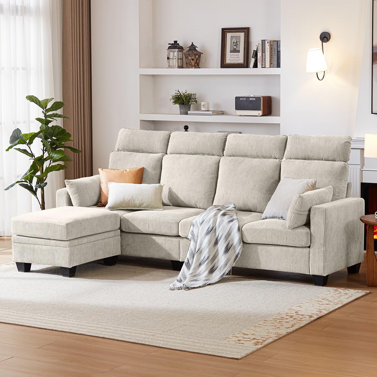 Corduroy Sectional Couch with Ottoman Chaise, L Shaped 4-seat Sofa for Living Room, Apartment, Lounge, Modern Armrest Neck Support Furniture