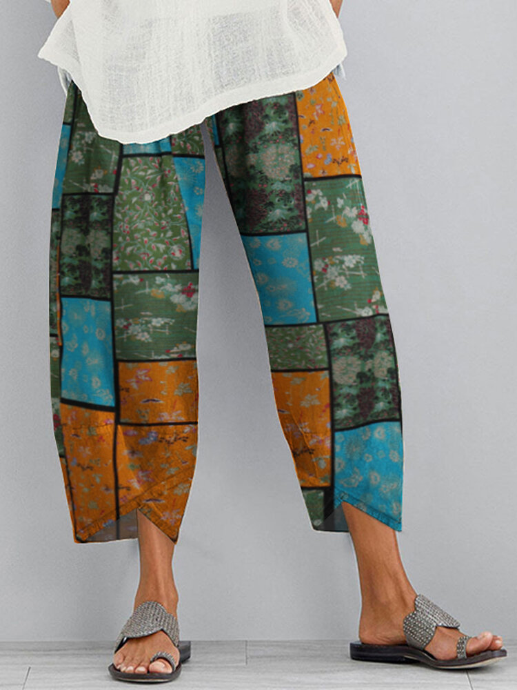 Women Elastic Waist Printed Pocket Casual Pants