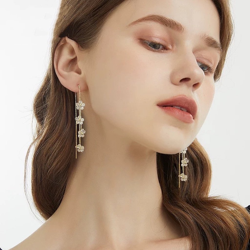 Fashion Crystal Flower Tassel Earrings