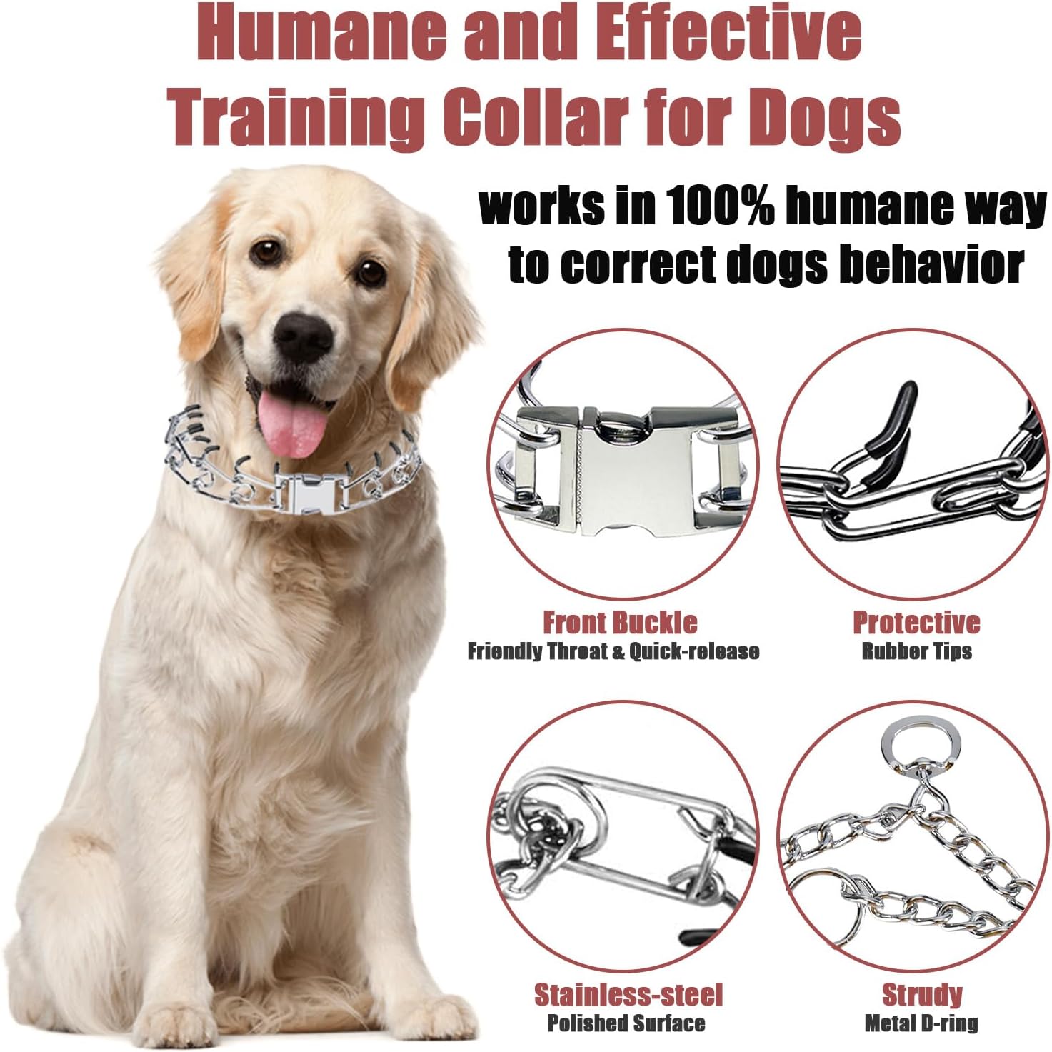 No Pull Dog Collar - Dog Training Collar with Comfort Tips, Adjustable Quick-Release Metal Buckle Pinch Collar,Dog Walking Tool for Small, Medium, or Large Breed - Metal Dog Chain