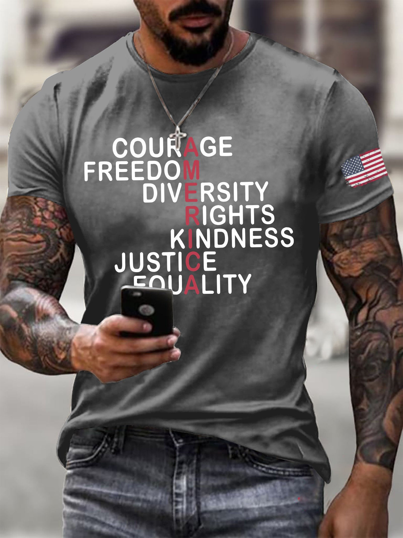 Men's Retro America Courage Freedom Diversity Rights Kindness Justice Equality Print T-Shirt
