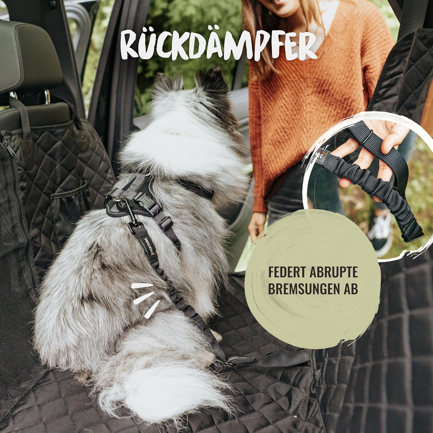 Rudelkönig Hundegurt fürs Auto - Verstellbarer Anschnallgurt - Sicherheitsgurt mit Rückdämpfung für alle Hunderassen & Autotypen