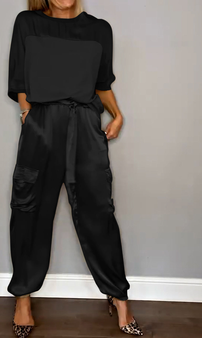 Women's Smooth Satin Half-sleeved Top and Pant Two-piece Suit