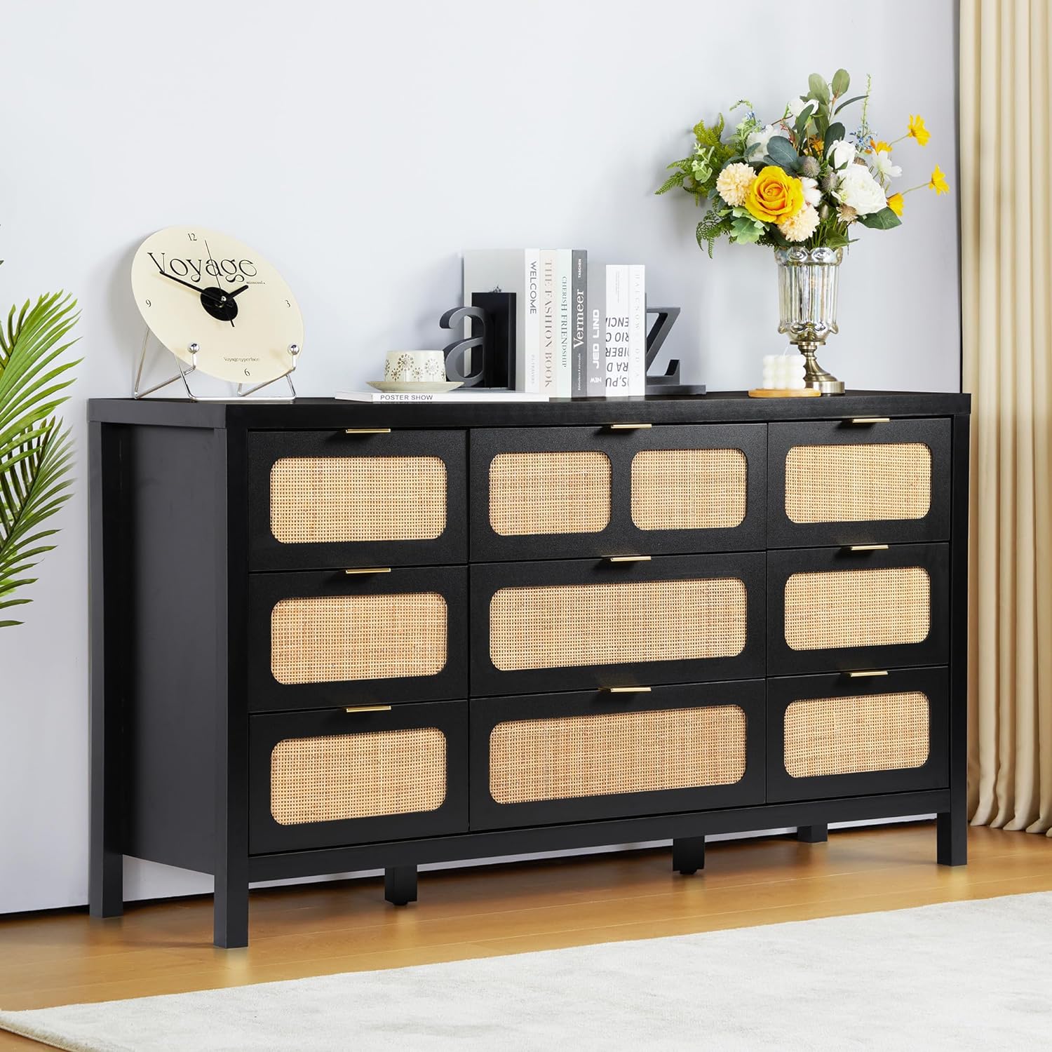 9 Drawer Dresser with Rattan Finish, Modern Farmhouse Chest of Drawers with Metal Handles, Accent Wood Storage Cabinet for Bedroom, Living Room and Kitchen (Natural)