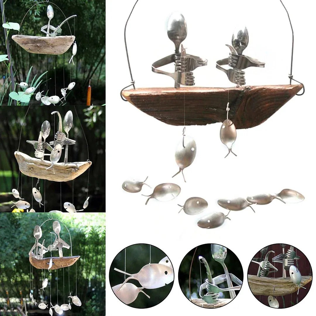 ❤️Handmade Fishing Man Spoon Fish Sculpture Wind Chime