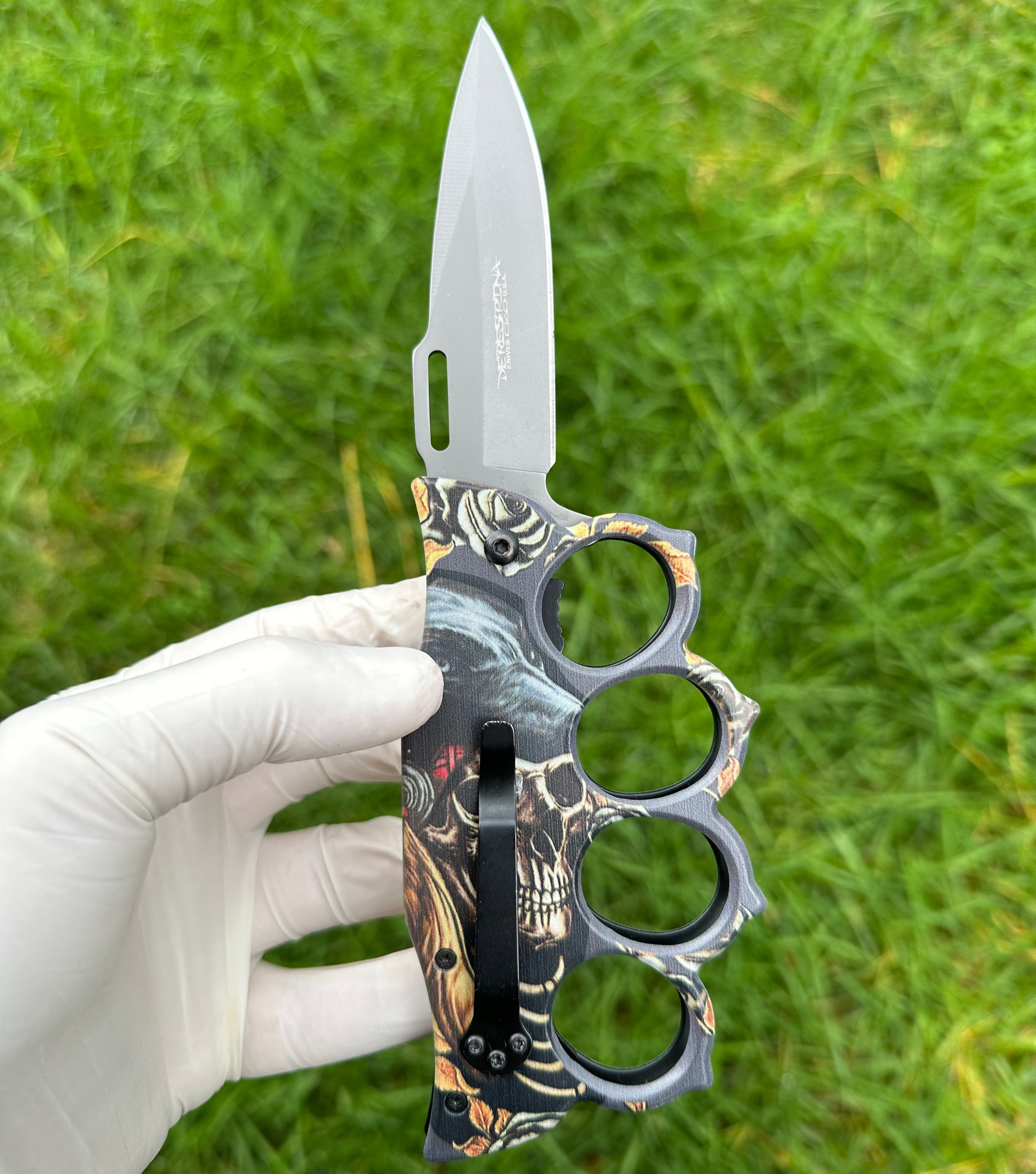 Motifs Knuckle Duster Wooden Handle Folding Knife Defense EDC