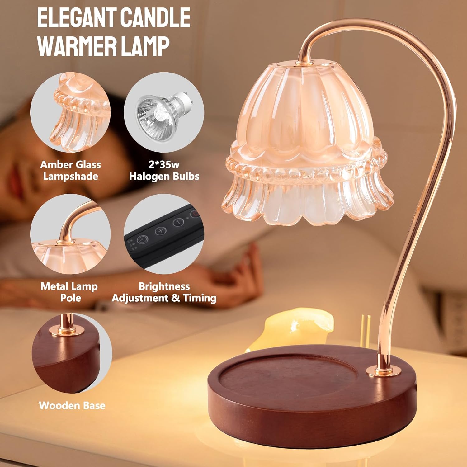 GEEZO Fragrance Candle Warmer Lamp with 2 Bulbs Electric Candle Warmer with Timer & Dimmer for Home Decor