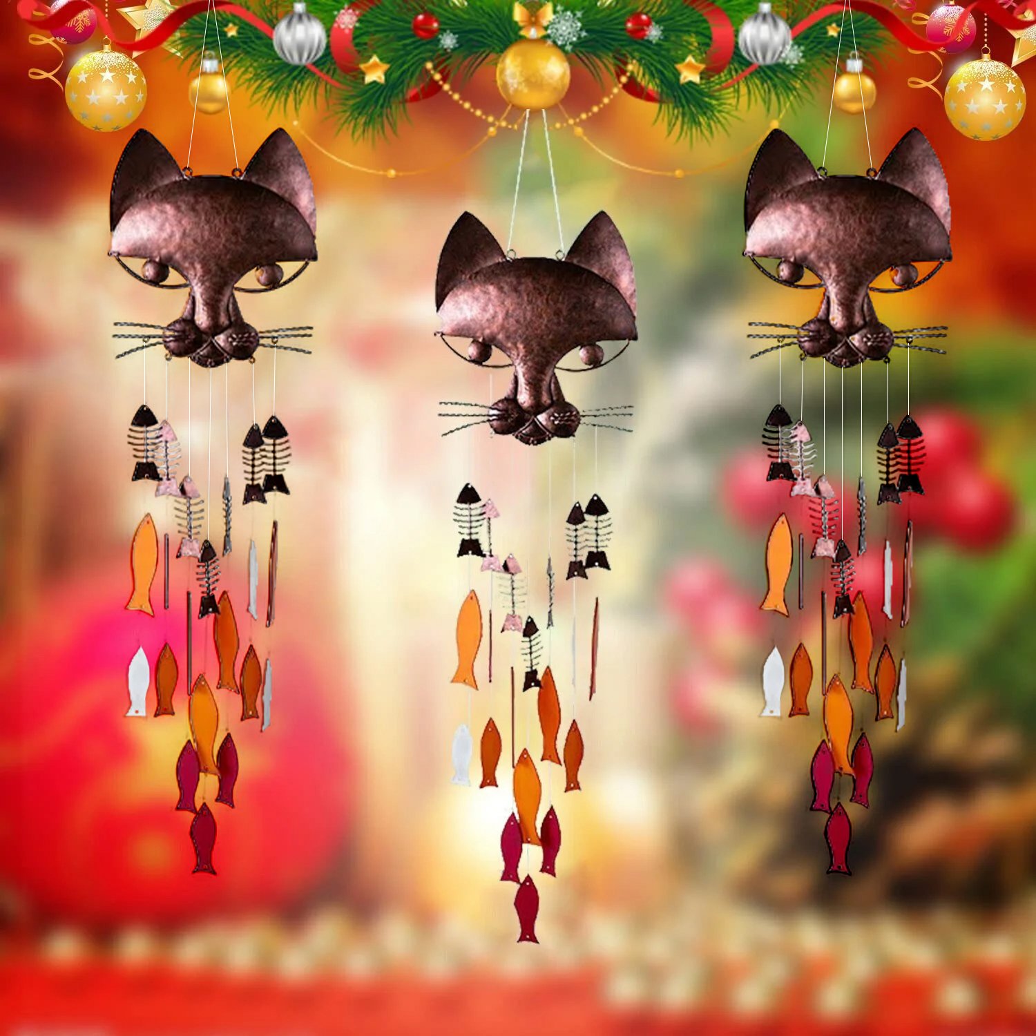 🐱Handcrafted Metal Cat and Recycled Glass Fish Wind Chime🎏(Buy 2 Free Shipping)