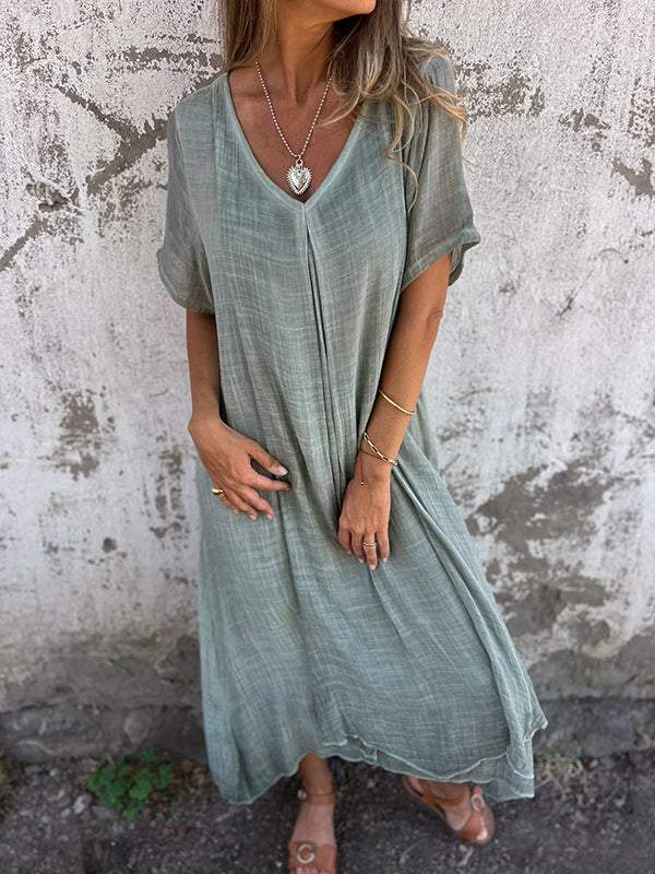 Women Cotton and Linen V-neck Midi Dress