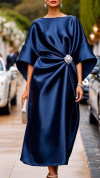 Women's Round Neck Satin Pleated Elegant Dress