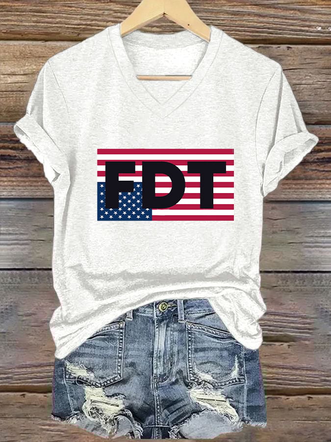 Women's FDT American Flag Upside Down Print Caasual T-shirt