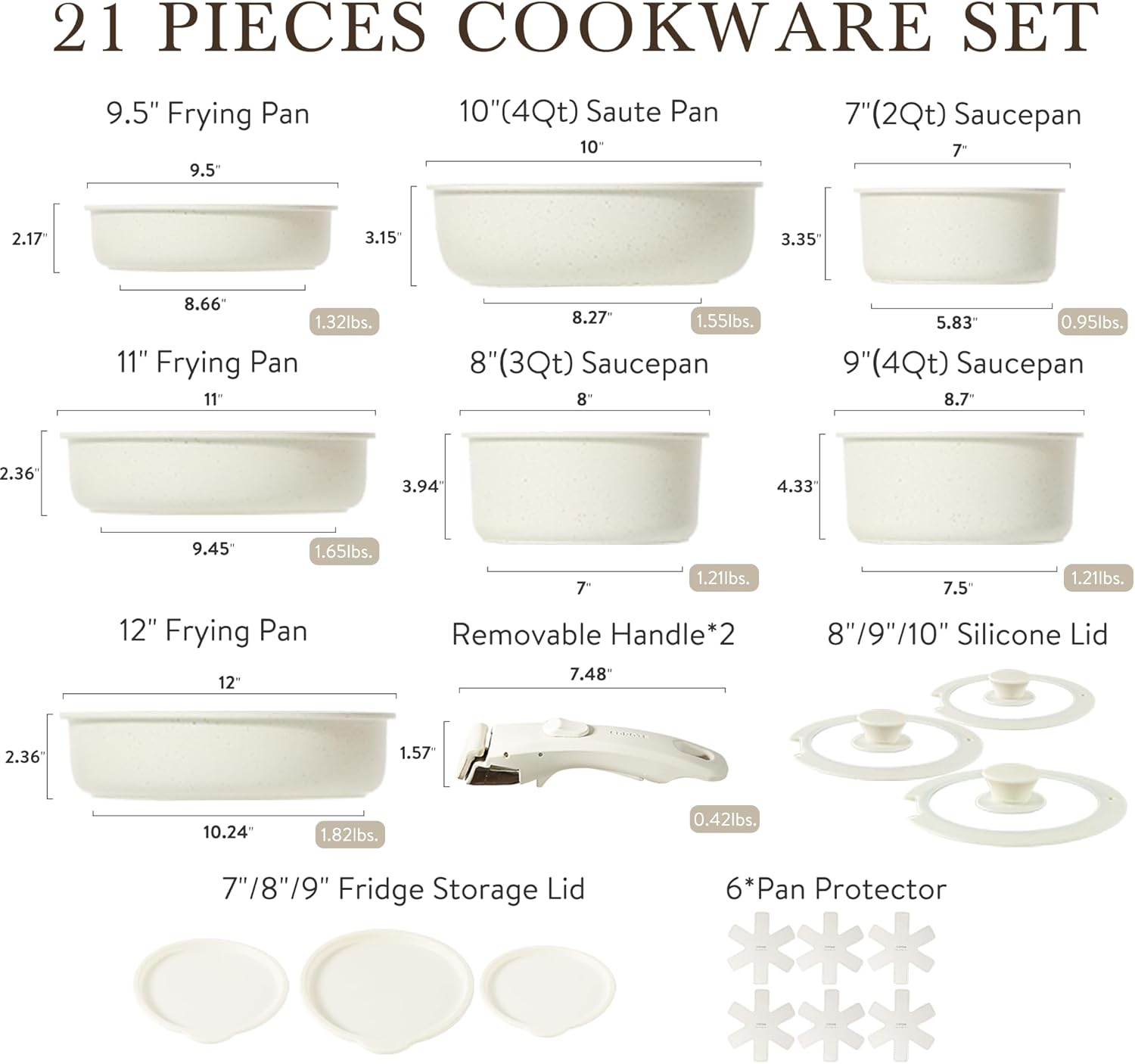 CAROTE 11pcs Pots and Pans Set Non Stick, Cookware Sets Detachable Handle, RV Kitchen Set Removable Handle, Oven Safe, Induction Ready, Stackable Non-stick Set, Cream White