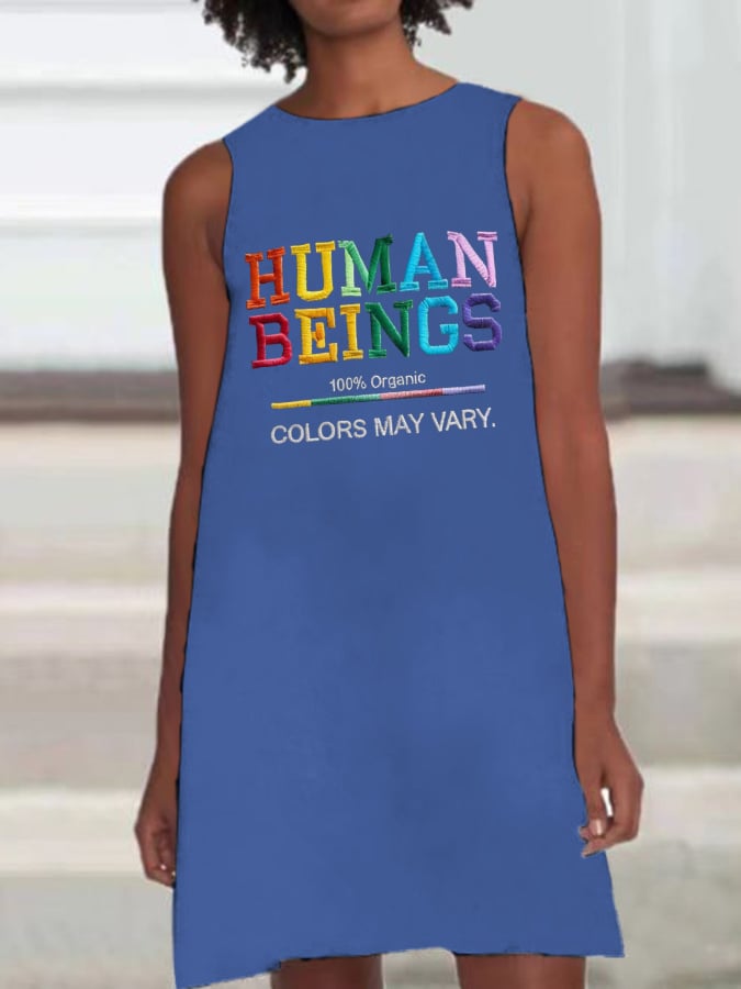 Retro Human Beings 100% Organic Colors May Vary Human Rights Equality Pride Print Sleeveless Dress