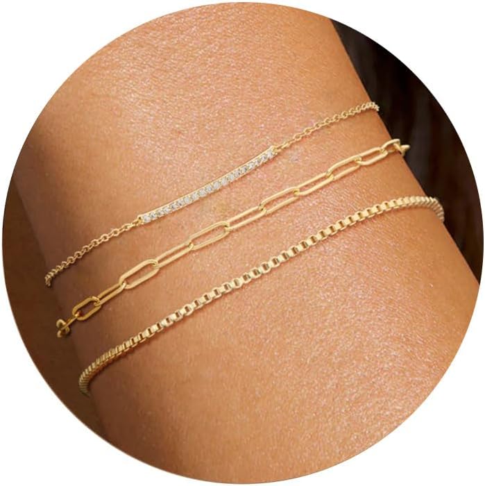 Moodear Gold Bracelet for Women 14K Real Gold Bracelet Sets for Women Dainty Snake Chain Bracelet Adjustable Cuban Link Bracelet for Women Cuff Bangle Gold Stackable Bracelets for Womens Jewelry Sets