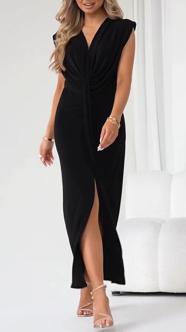 Women's V-neck Twisted Slit Pleated Temperament Dress