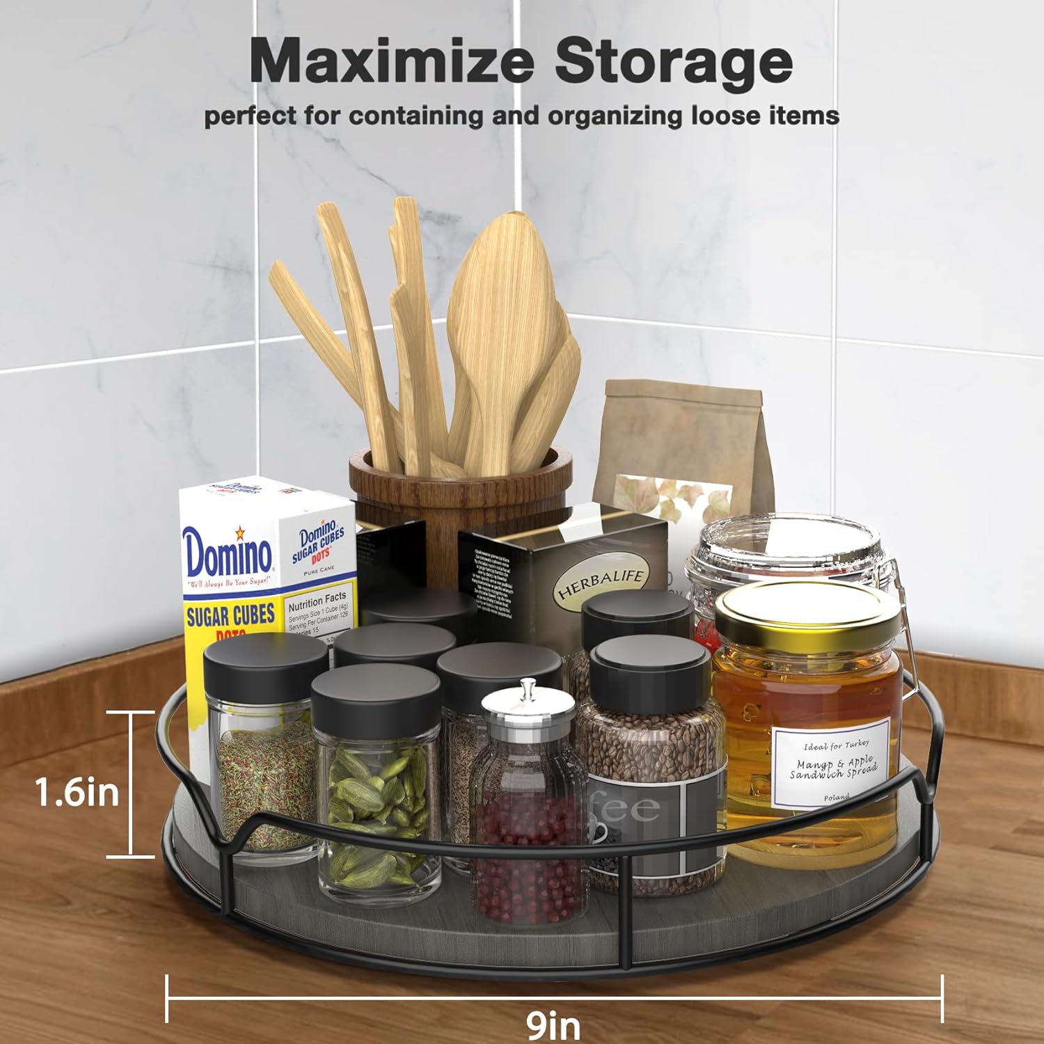 Lazy Susan Turntable Organizer for Cabinet Pantry Kitchen Countertop Refrigerator Cupboard, Pine Wood, 9