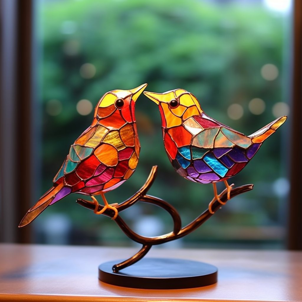 <strong>Handmade</strong>🌈Stained Glass Birds on Branch Desktop Ornaments 🕊️