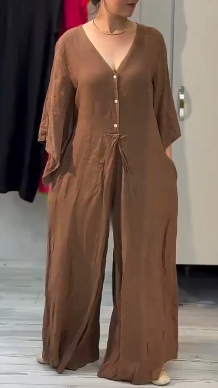 Women's V-neck Fake Two-piece Cotton and Linen Comfortable Jumpsuit