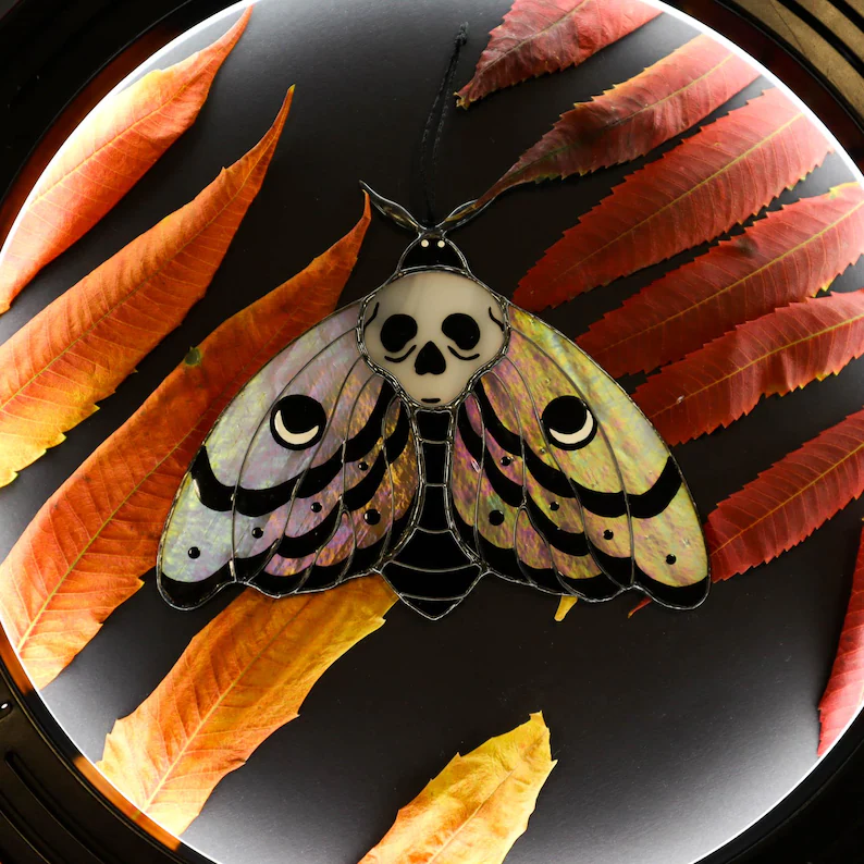 Handmade Skull Moth Stained Glass Suncatcher - Unique Christmas Decor and Garden Art