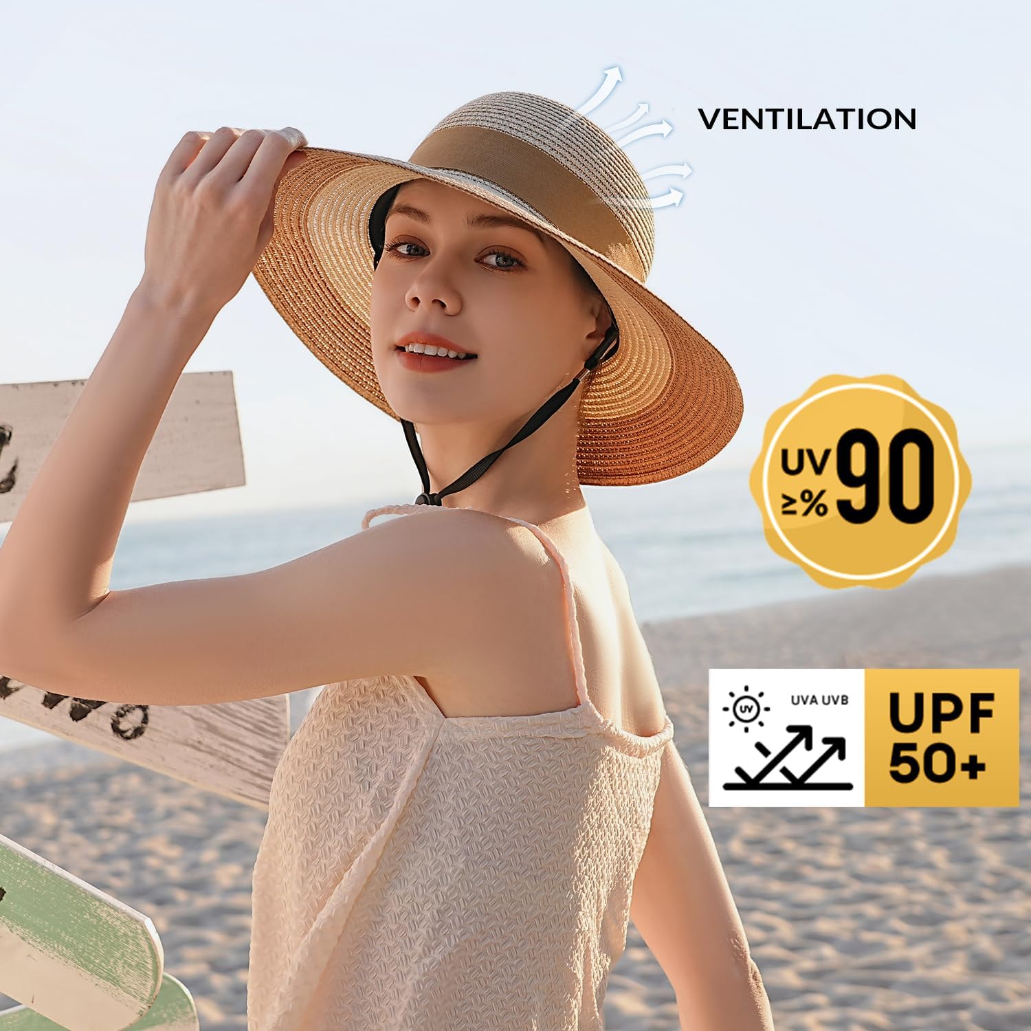 Beach Hat for Women, Wide Brim Sun Straw Hat for Women, Sun Hat Womens UPF 50+ UV Protection, Floppy Foldable Summer Hat