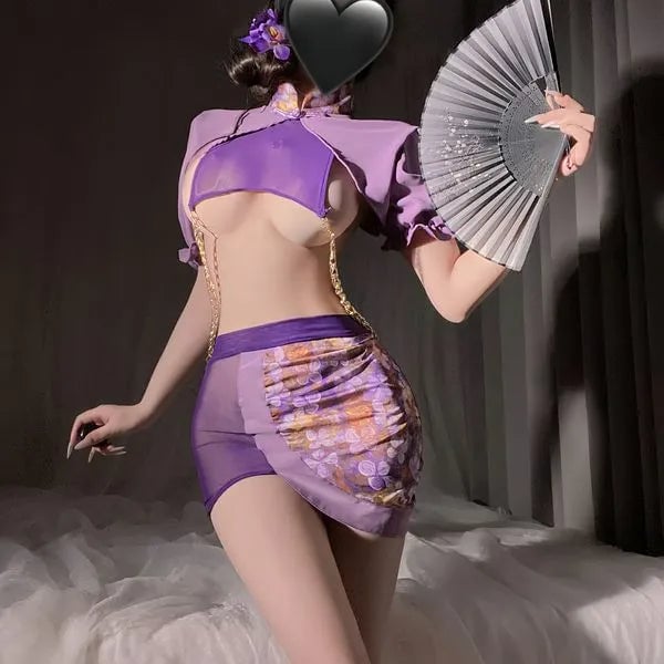 Purple Retro Cheongsam Lingerie Set | Sexy Qipao Corset Top & Sheer Mesh Skirt | Open Cup Bust Chain Detail | Floral Lace Teddy & G-String | Exotic Boudoir Outfit for Women PPF0343