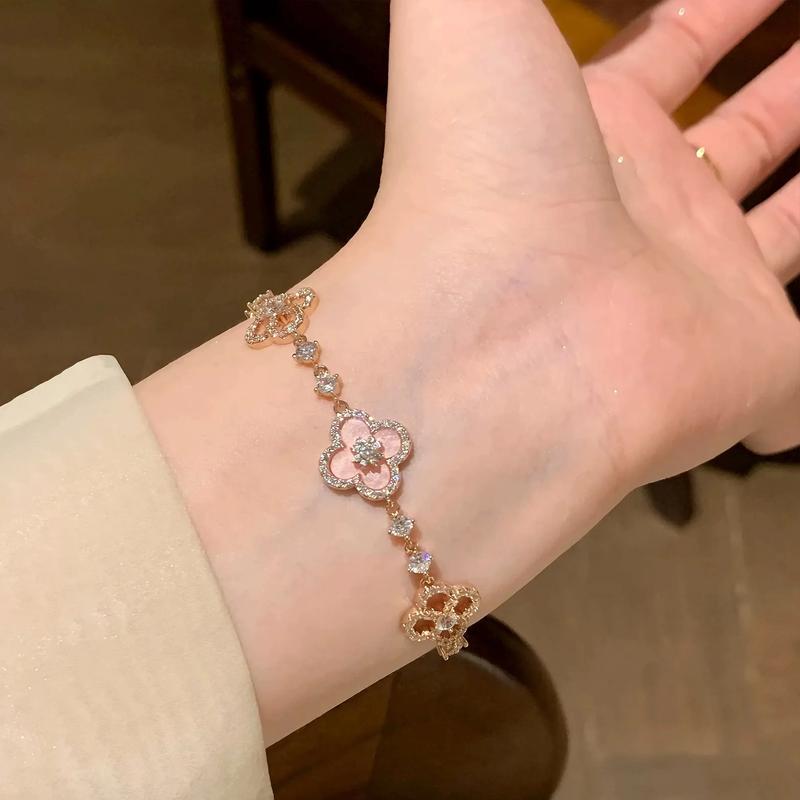 Lucky Clover Adjustable Bracelet - Sparkling Crystal & Zircon Floral Links