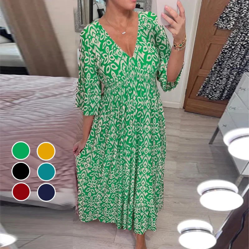 🔥Letzter Tag 49% Rabatt👗Bedrucktes Kleid mit V-Ausschnitt und weiten Ärmeln
