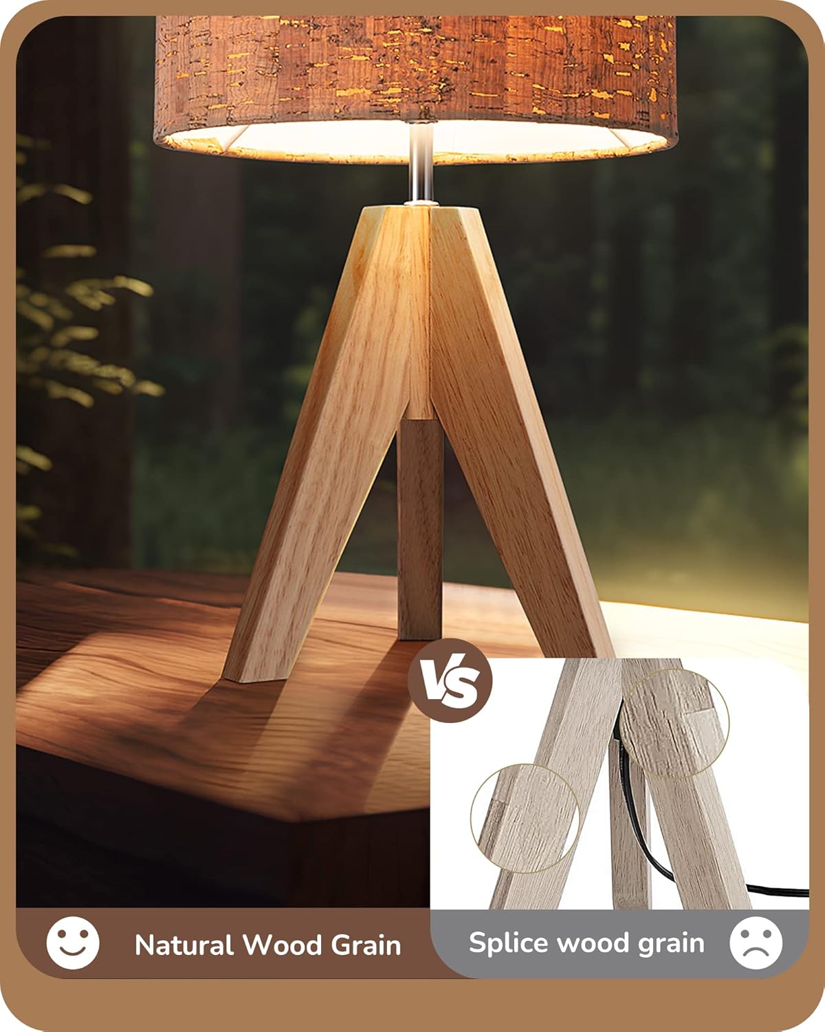 EDISHINE Tripod Table Lamp, Small Cute Bedside Lamp with Linen Beige Lampshade, Nightstand Lamp for Nursery, Bedroom, Kid Room, Living Room, Light Brown Wooden Base, E26 Socket, 14.2 Inch