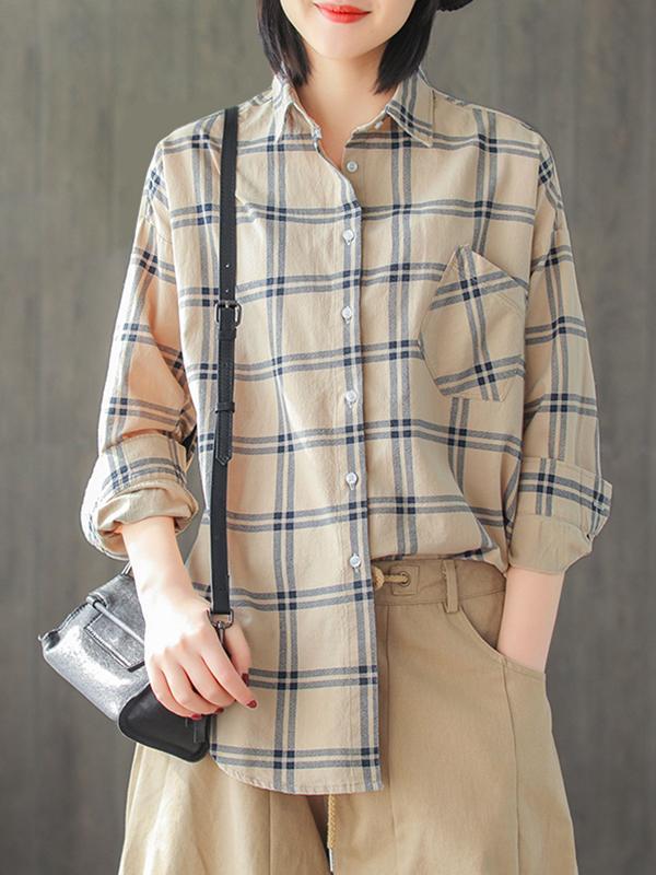 Hilary Lapel Polo Collar Vintage Matching Plaid Print Single-breasted Baggy Cotton Shirt