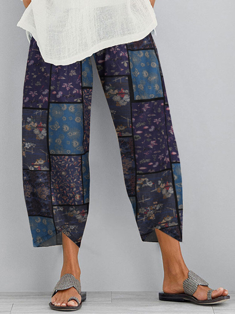 Women Elastic Waist Printed Pocket Casual Pants